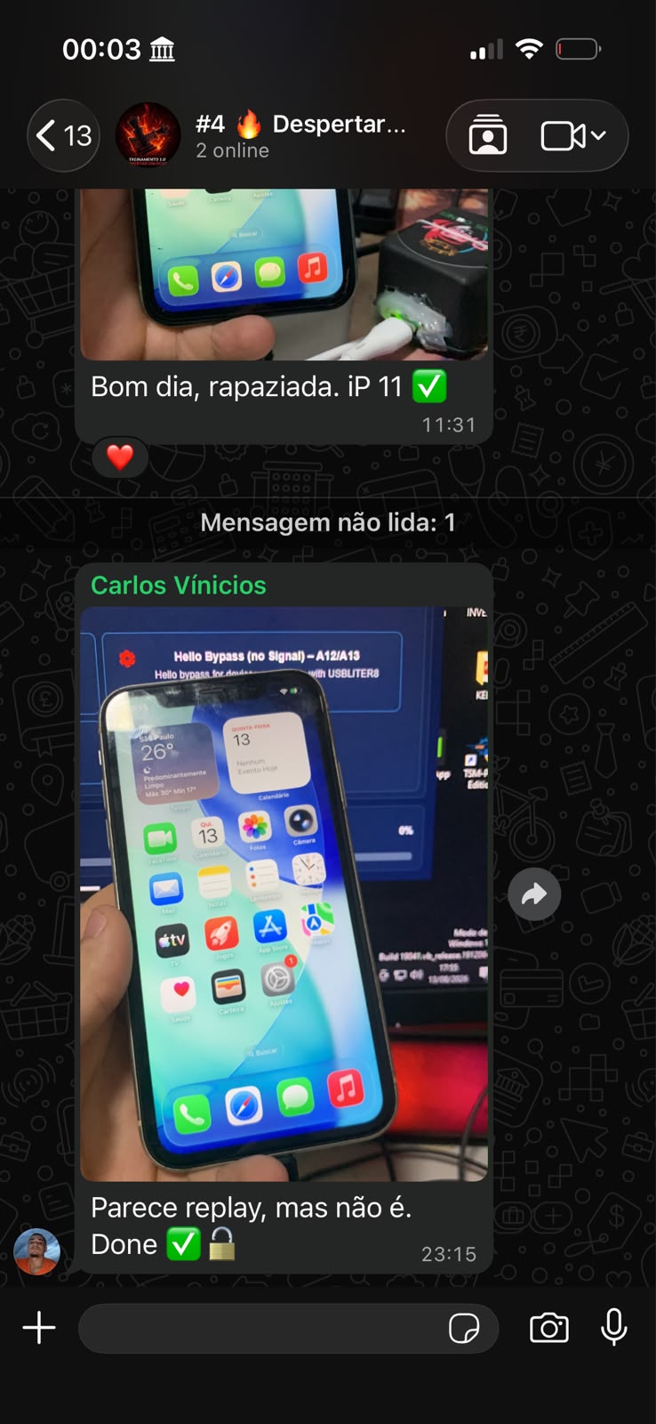 Depoimento de aluno recebido pelo WhatsApp