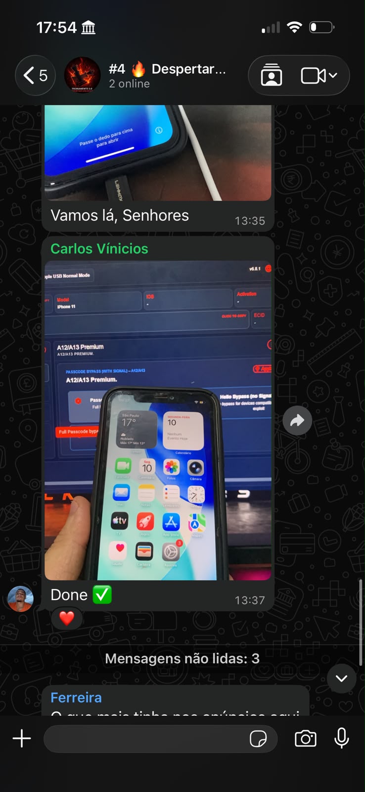 Mensagem de aluno recebida pelo WhatsApp